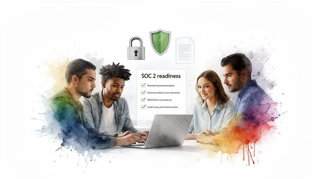 Diverse team analyzing SOC 2 readiness on a laptop, with security and document icons.