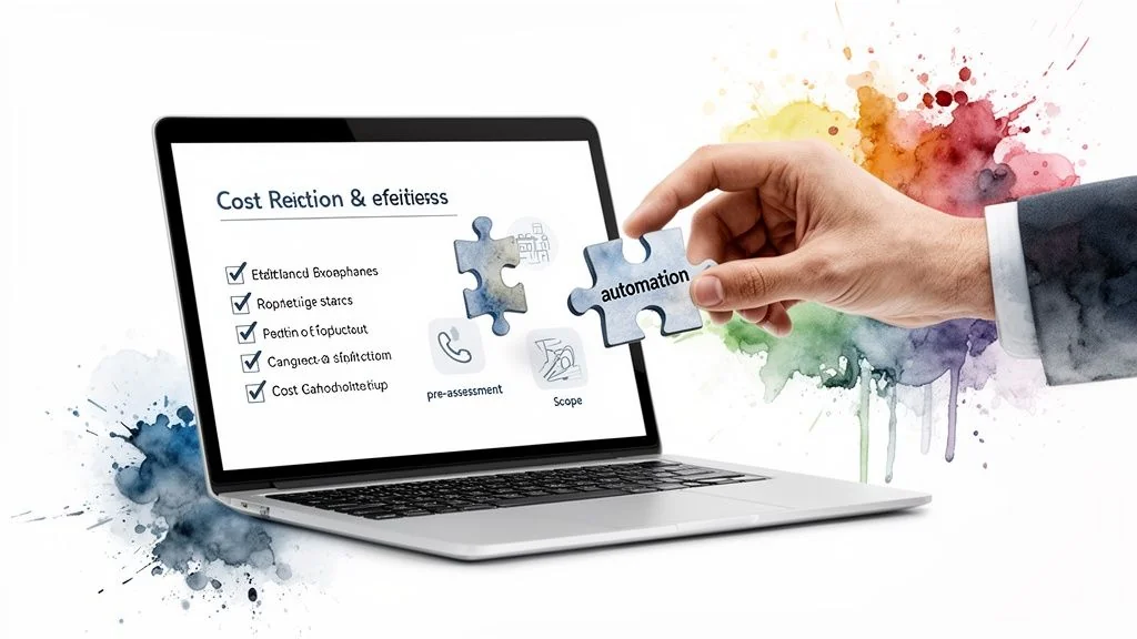 Hand placing an 'automation' puzzle piece onto a laptop screen displaying a cost reduction checklist and assessment steps.
