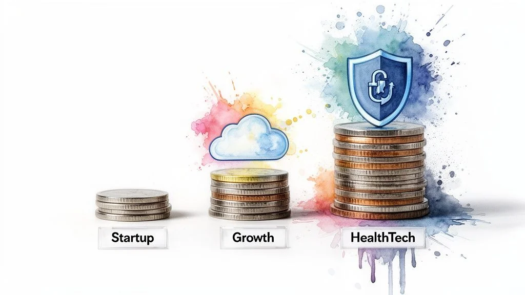 Growing stacks of coins symbolizing startup, cloud-based growth, and secure HealthTech investments.