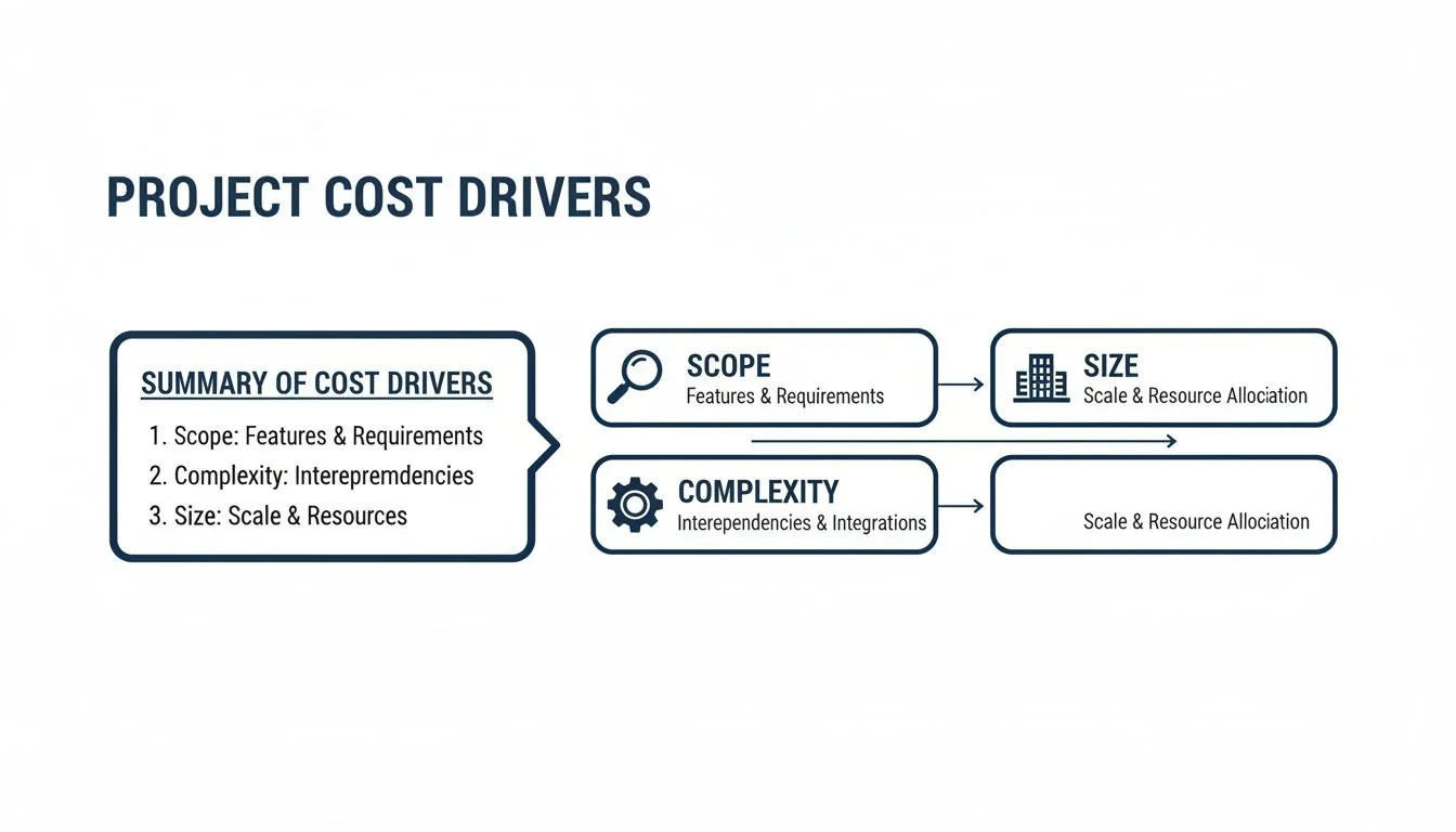 A diagram outlining Project Cost Drivers, including Scope, Complexity, and Size factors.