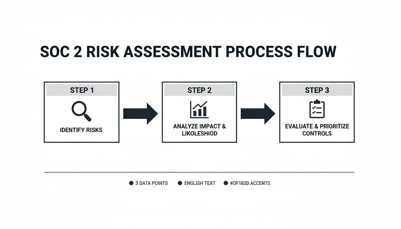 A three-step SOC 2 risk assessment process flow diagram showing identification, analysis, and control evaluation.