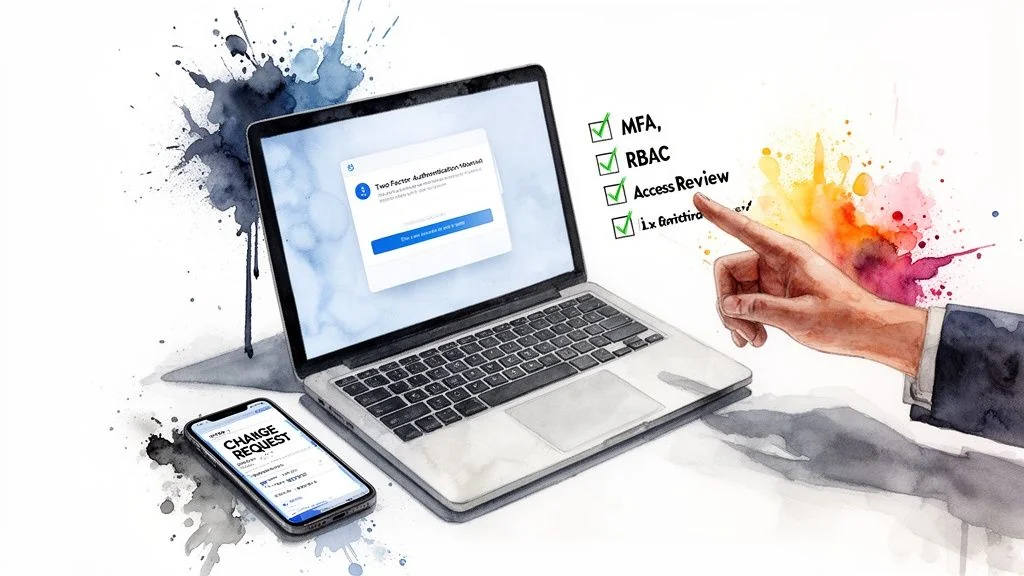 Watercolor illustration of laptop, phone, and checklist, representing two-factor authentication and security controls.