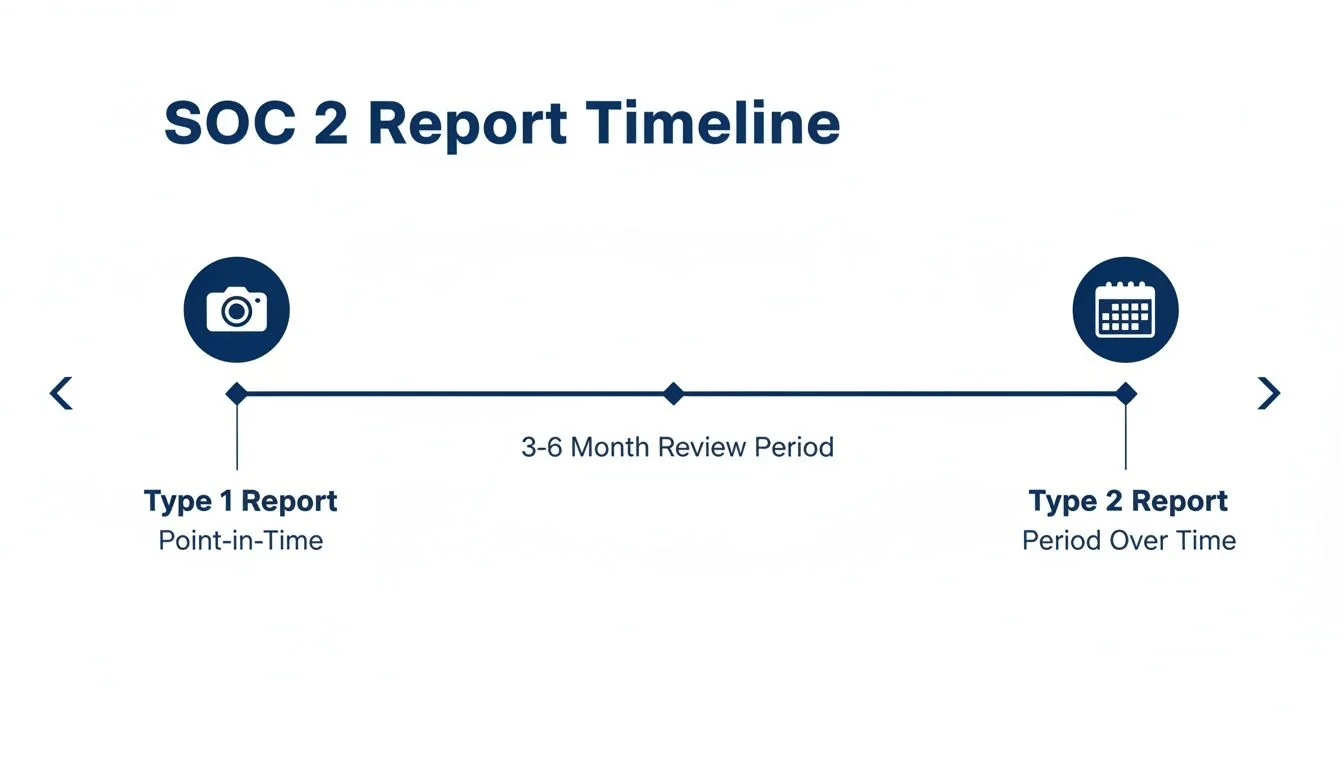 Timeline illustrating SOC 2 Type 1 and Type 2 reports, with a 3-6 month review period in between.