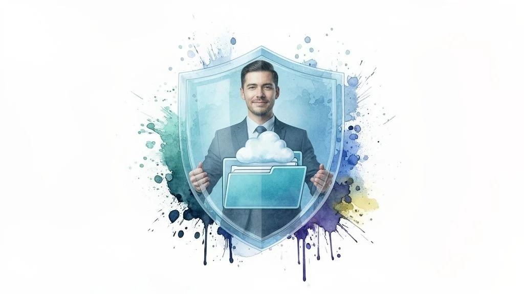A man in a suit holds a cloud data folder within a protective shield, symbolizing secure cloud storage.