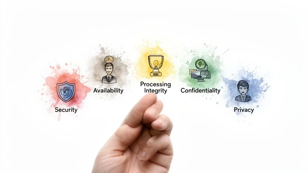 A hand points to five SOC 2 Trust Services Criteria icons: Security, Availability, Processing Integrity, Confidentiality, and Privacy, each on a watercolor splash.