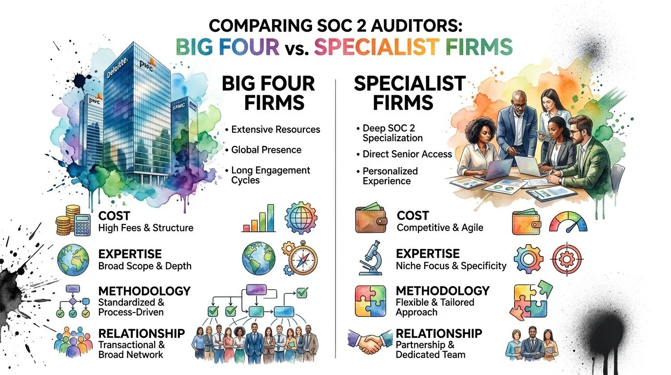 A comparison infographic between Big Four firms and specialist firms regarding SOC 2 audit processes and services.