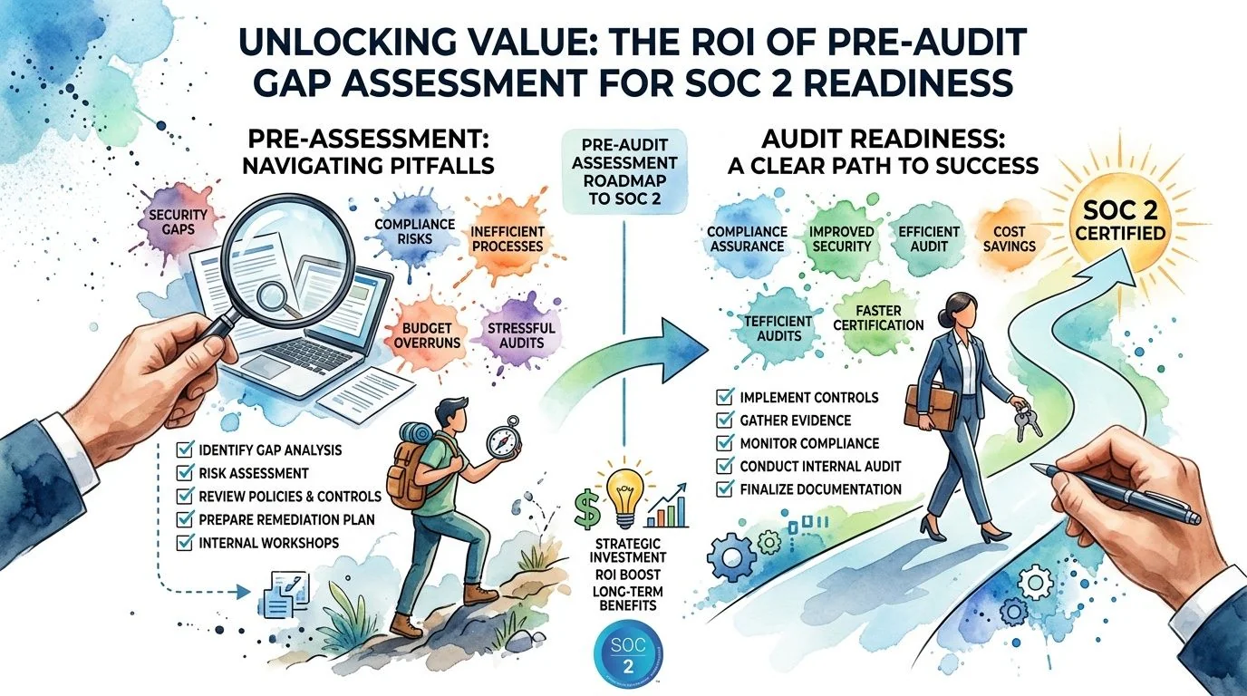 A visual guide explaining how a pre-audit gap assessment helps organizations achieve SOC 2 compliance readiness.