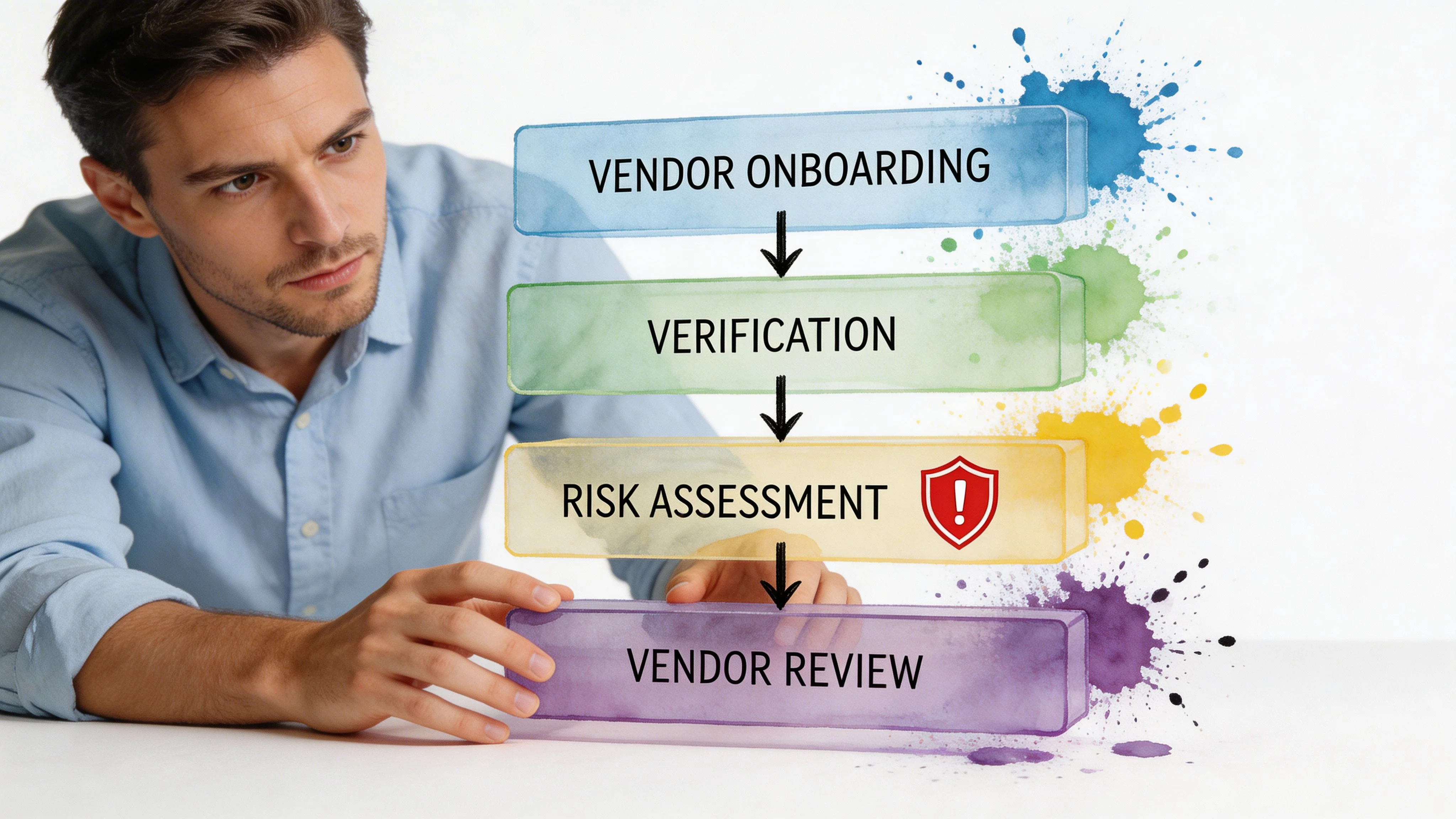A professional man interacting with a colorful diagram showing the four steps of vendor management processes.