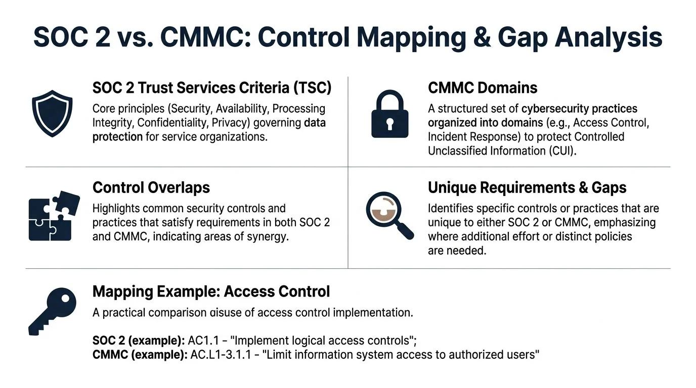 A diagram comparing SOC 2 and CMMC frameworks, outlining key criteria, control overlaps, and mapping examples.