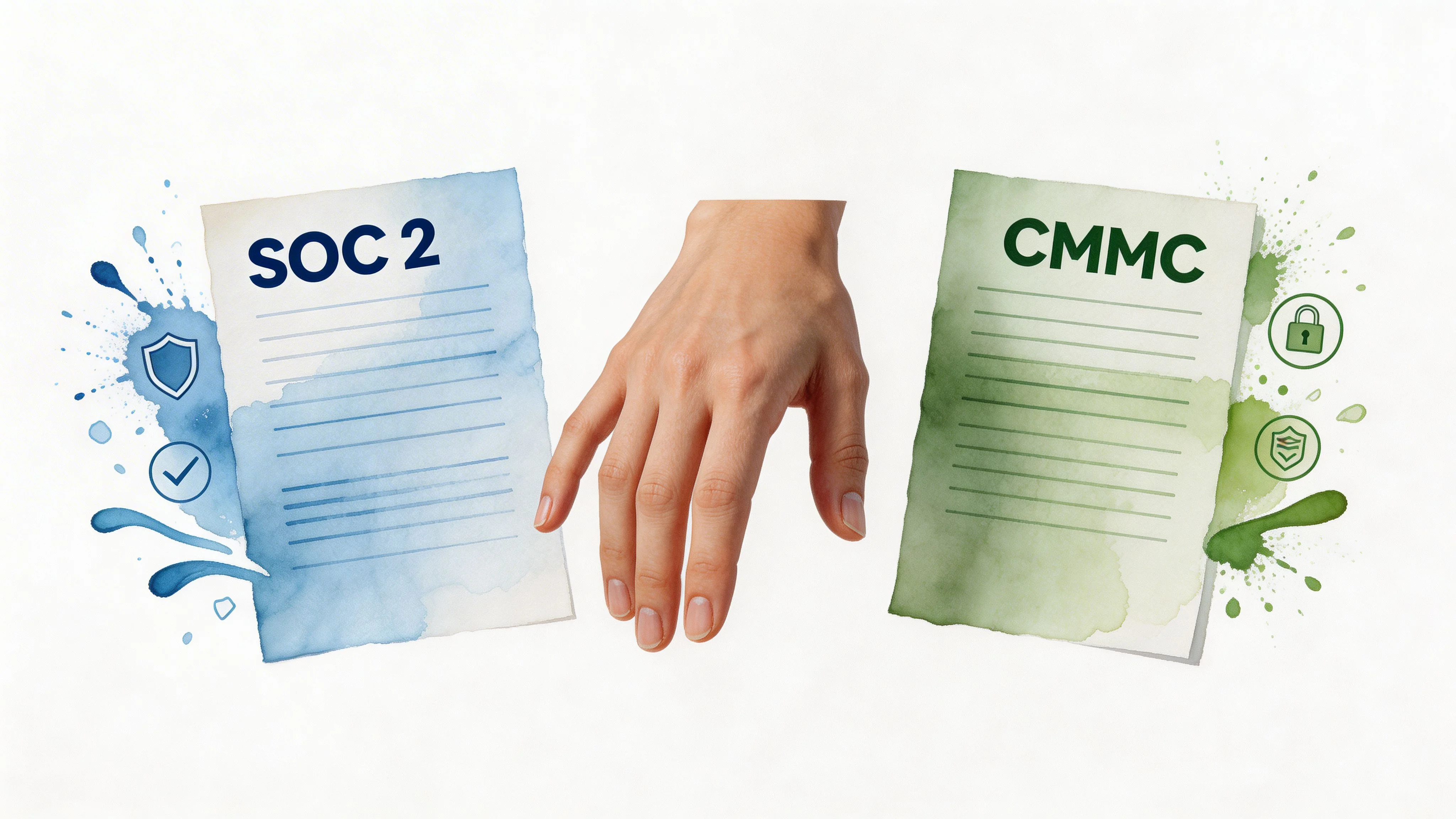 A conceptual illustration comparing SOC 2 and CMMC compliance standards with a human hand in between.