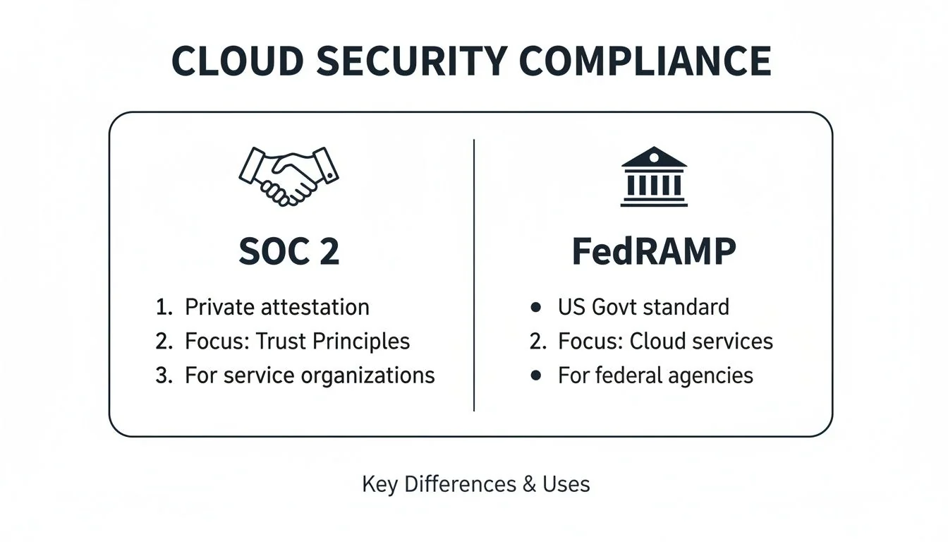 A comparison chart outlining key differences and uses of SOC 2 and FedRAMP cloud security compliance.