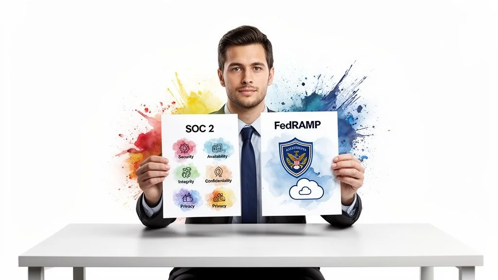 Man holding two papers, one detailing SOC 2, the other FedRAMP compliance frameworks.