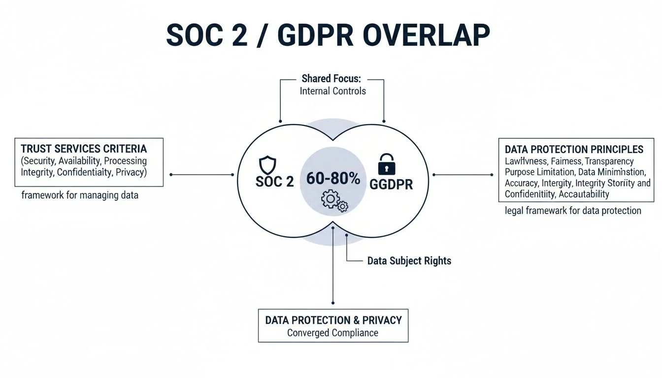 Diagram illustrating the 60-80% overlap between SOC 2 and GDPR compliance frameworks for data protection.