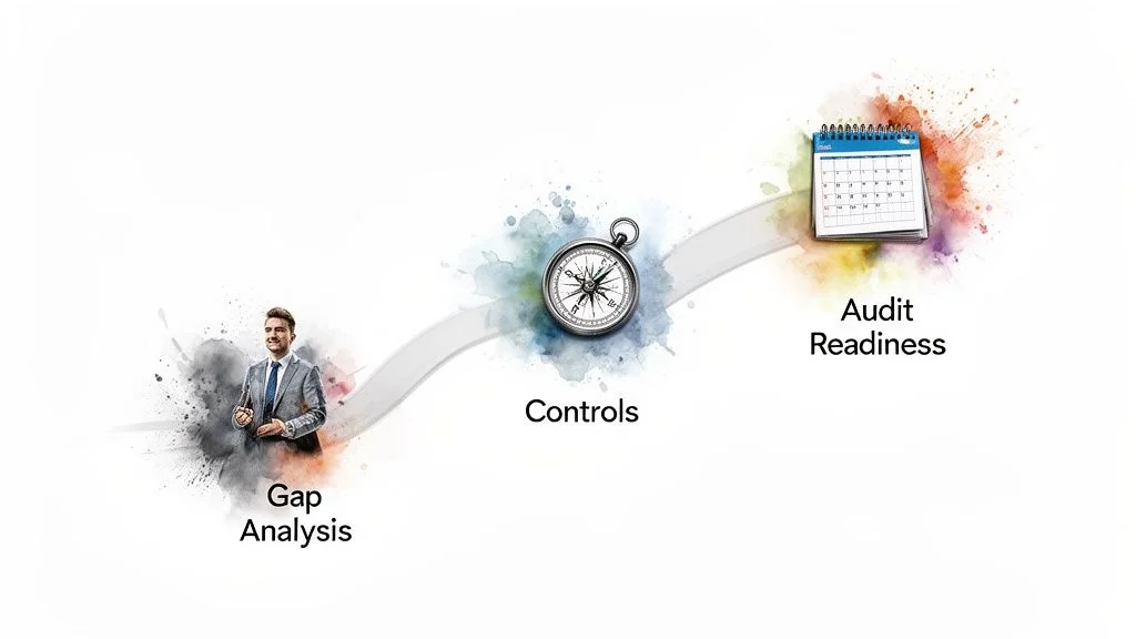 A visual path illustrating business compliance stages: Gap Analysis, Controls, and Audit Readiness.