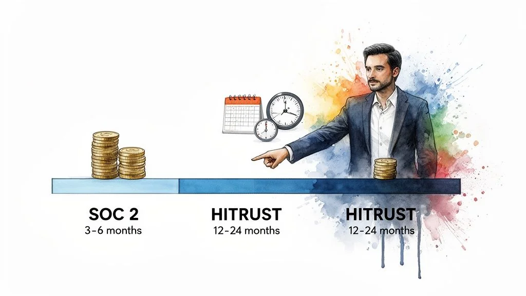 An illustration comparing SOC 2 (3-6 months) and HITRUST (12-24 months) compliance, showing time, cost, and a pointing businessman.