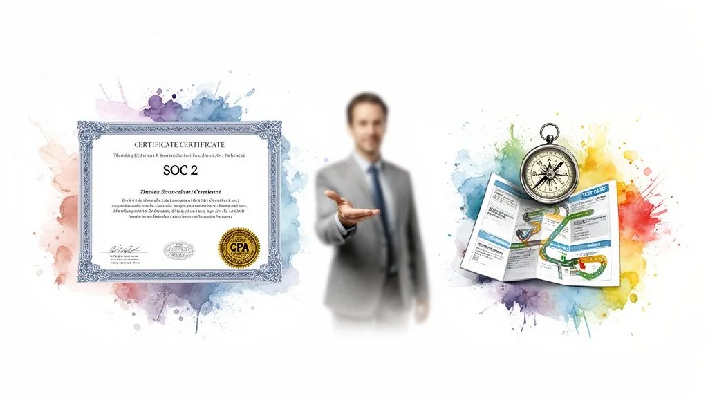 A SOC 2 certificate, a blurred man presenting, and a map with a compass symbolizing compliance guidance.