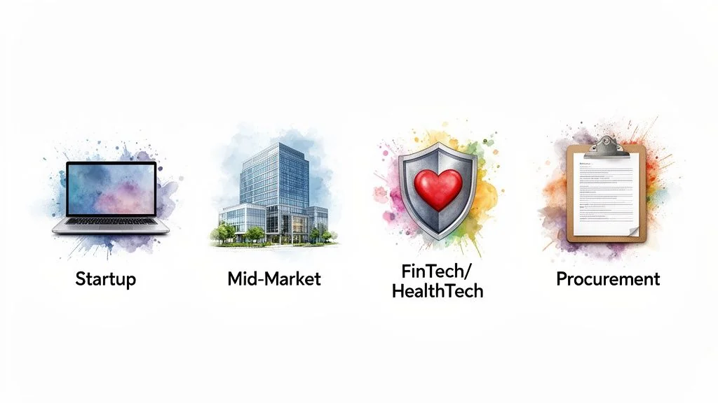 Illustrations of a laptop, office building, shield with heart, and clipboard representing business categories.