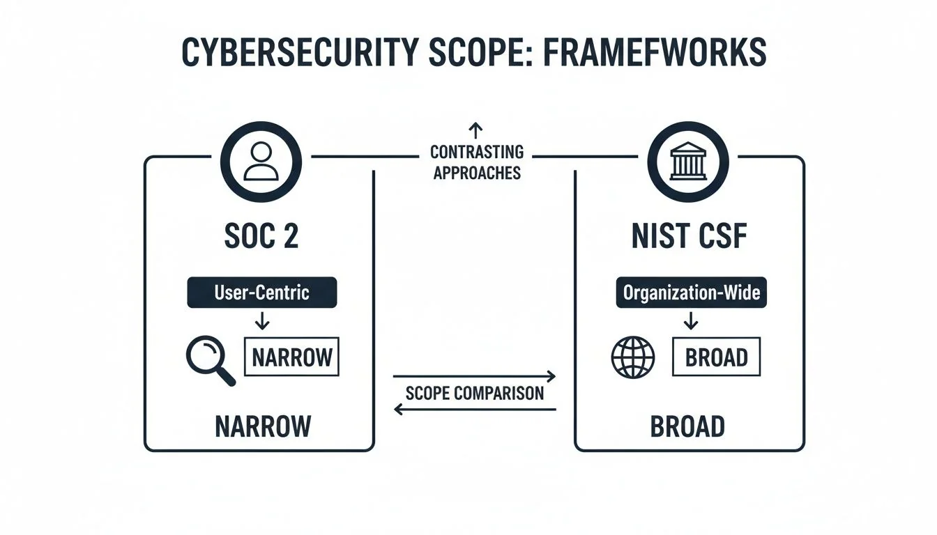 A diagram comparing cybersecurity frameworks: SOC 2 (user-centric, narrow) and NIST CSF (organization-wide, broad).