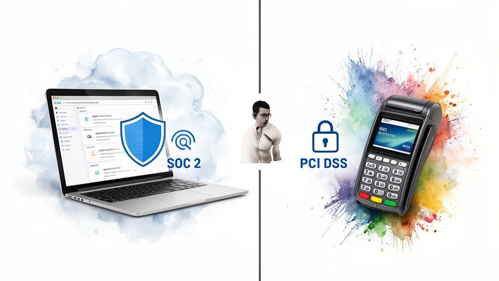 Image comparing SOC 2 on a laptop and PCI DSS on a payment terminal, highlighting data security standards.