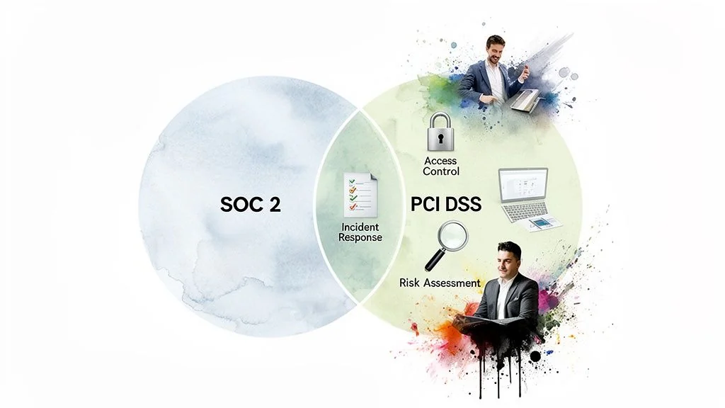 Venn diagram illustrating SOC 2 and PCI DSS compliance, showing incident response as their overlap.