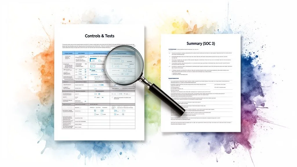 A magnifying glass scrutinizes controls and tests document next to a SOC 3 summary report.