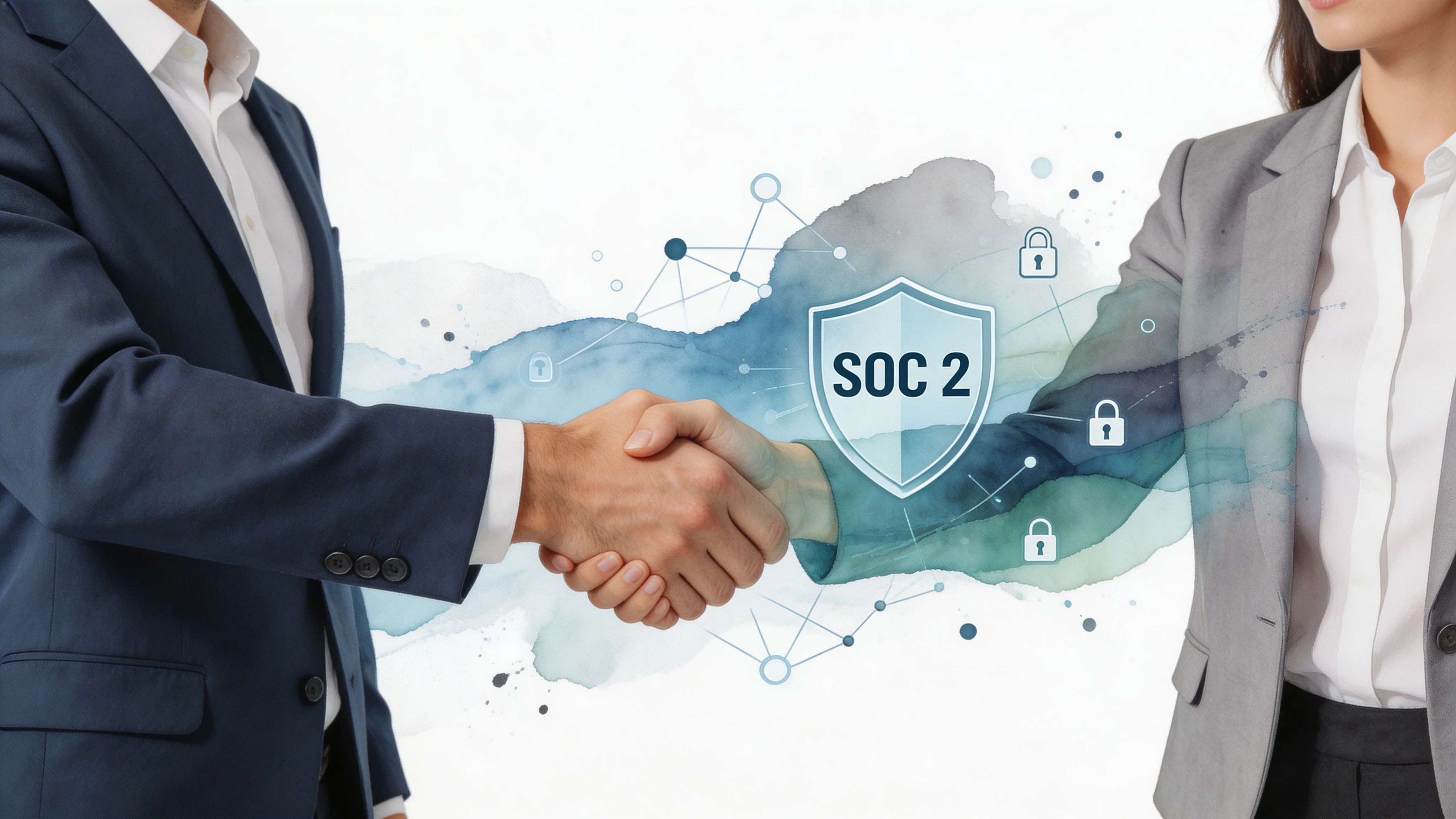 Two professionals shaking hands with a SOC 2 security shield overlay representing data protection compliance.