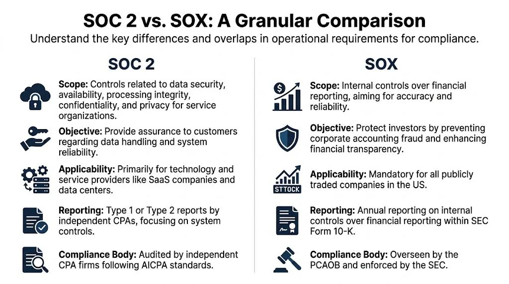 A comparison chart outlining the key differences between SOC 2 compliance and SOX regulatory requirements.