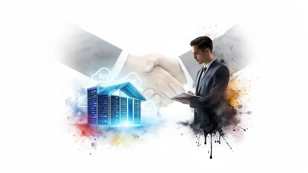 Digital agreement with handshake, businessman, and a cloud data center house.