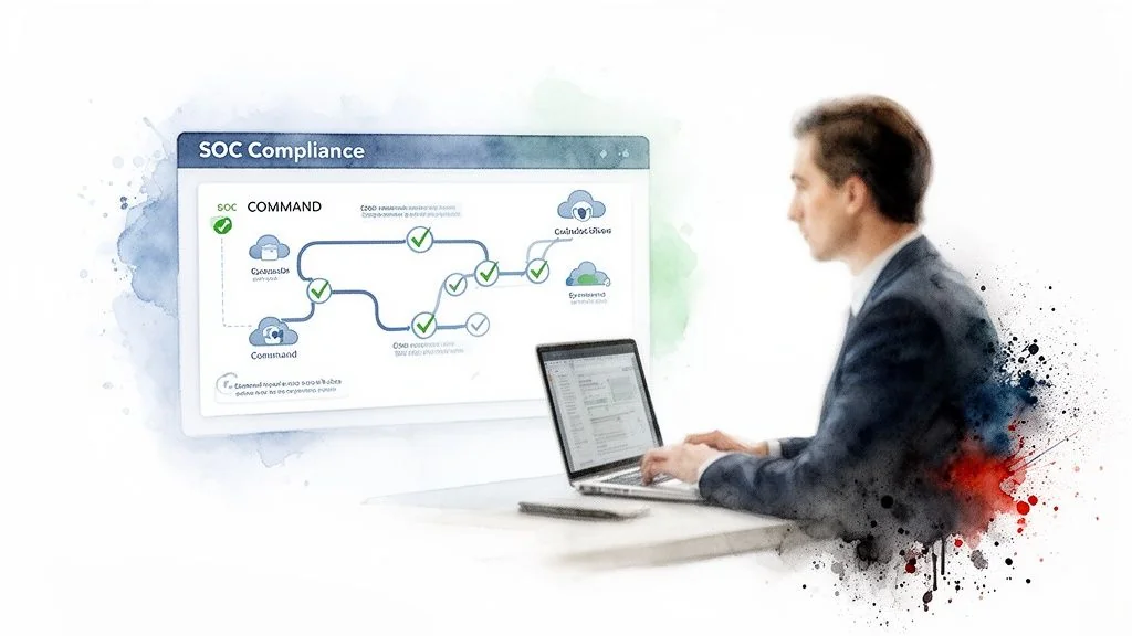 Man working on a laptop with a digital SOC Compliance workflow diagram displayed behind him.