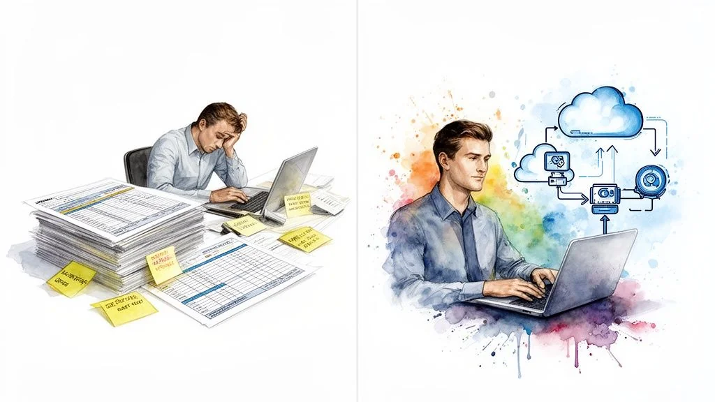 A contrast: a stressed man buried in paperwork versus a calm man using cloud-based software.