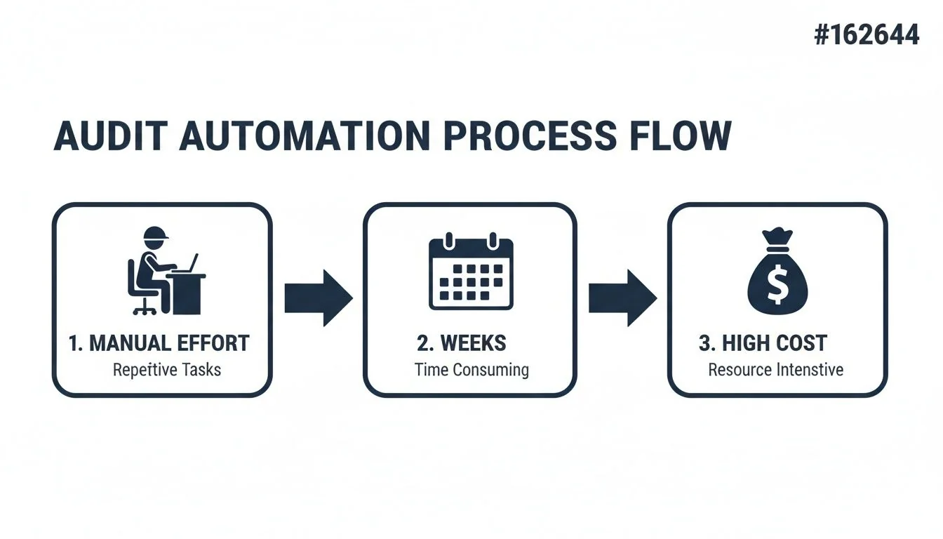 A flowchart illustrating the traditional audit process challenges: manual effort, time consumption, and high cost.