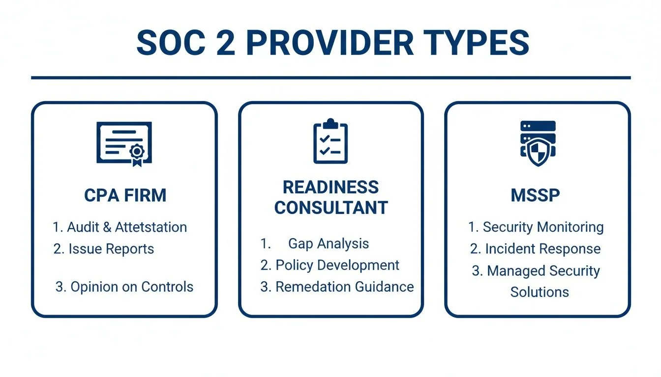 Infographic detailing three SOC 2 provider types: CPA Firm, Readiness Consultant, and MSSP, with services.