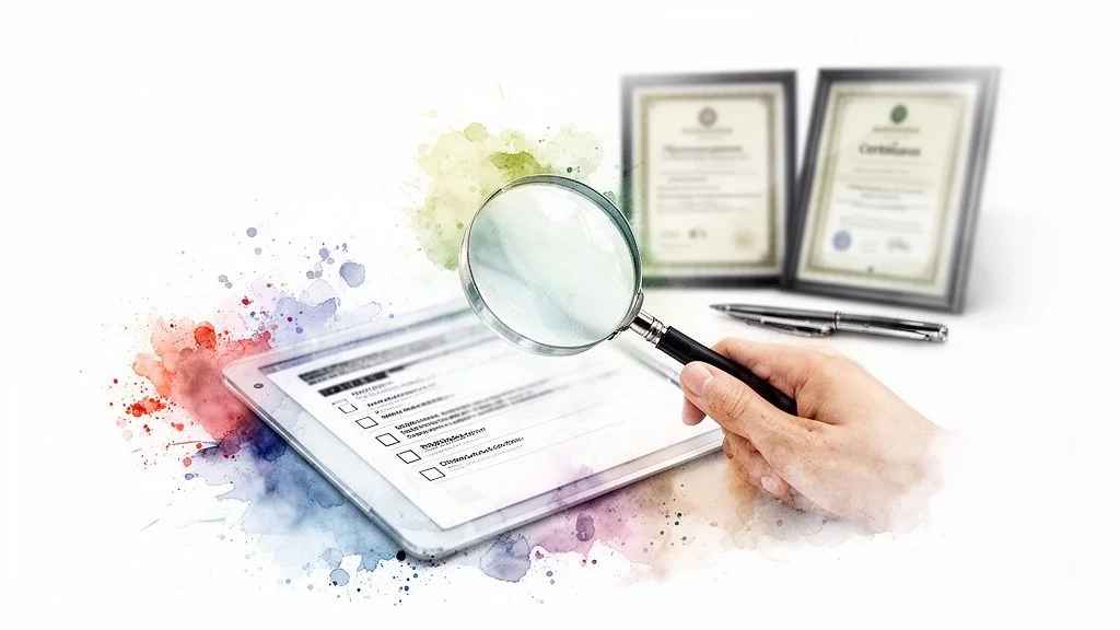 A hand uses a magnifying glass to review a digital checklist on a tablet, with certificates.