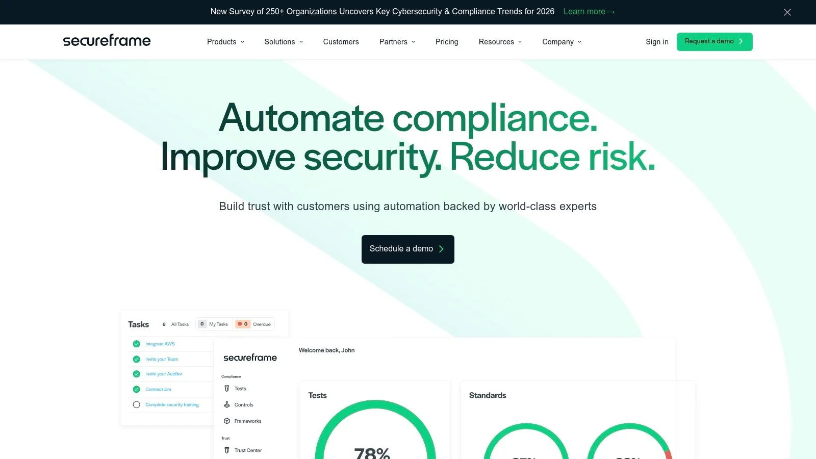 Secureframe's compliance platform showing controls and monitoring status