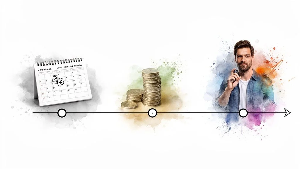 Timeline graphic with a calendar, stacked coins, and a man holding a shaver, depicting a grooming journey.