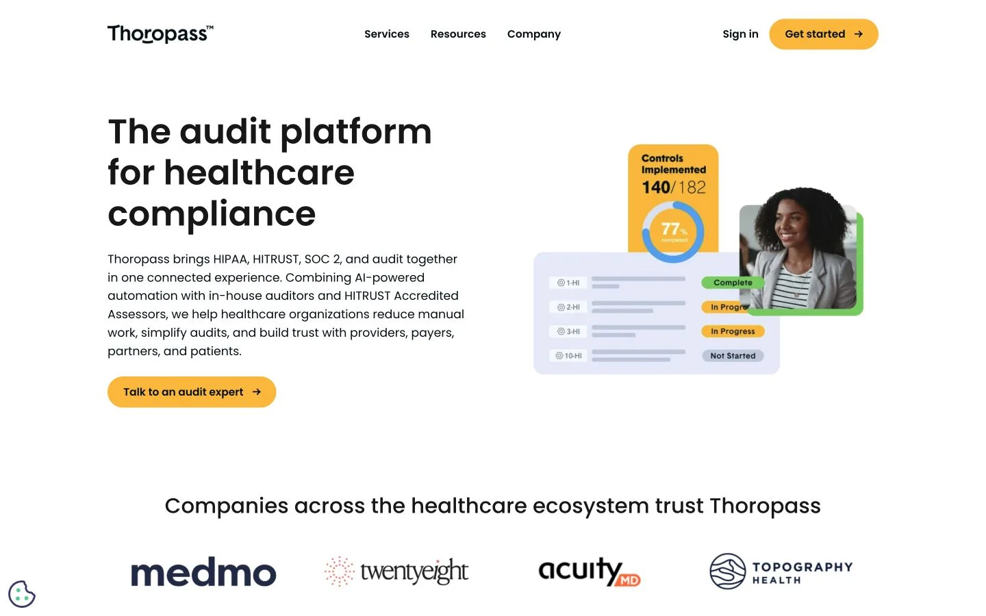 Thoropass healthcare compliance page with a control-progress illustration.