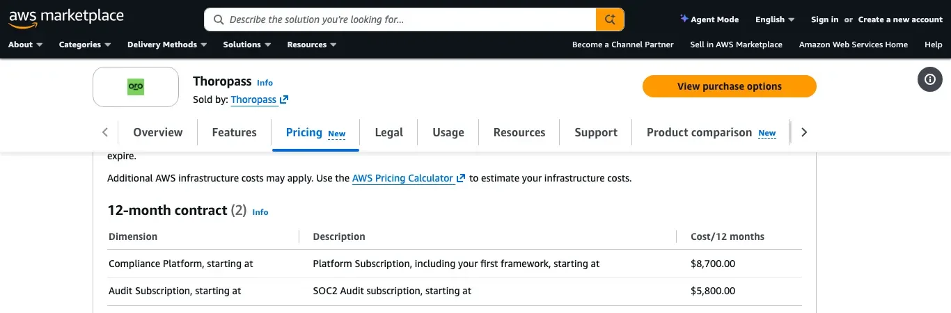 AWS Marketplace Thoropass 12-month pricing table showing a compliance platform starting at $8,700 and a separate SOC 2 audit subscription starting at $5,800.