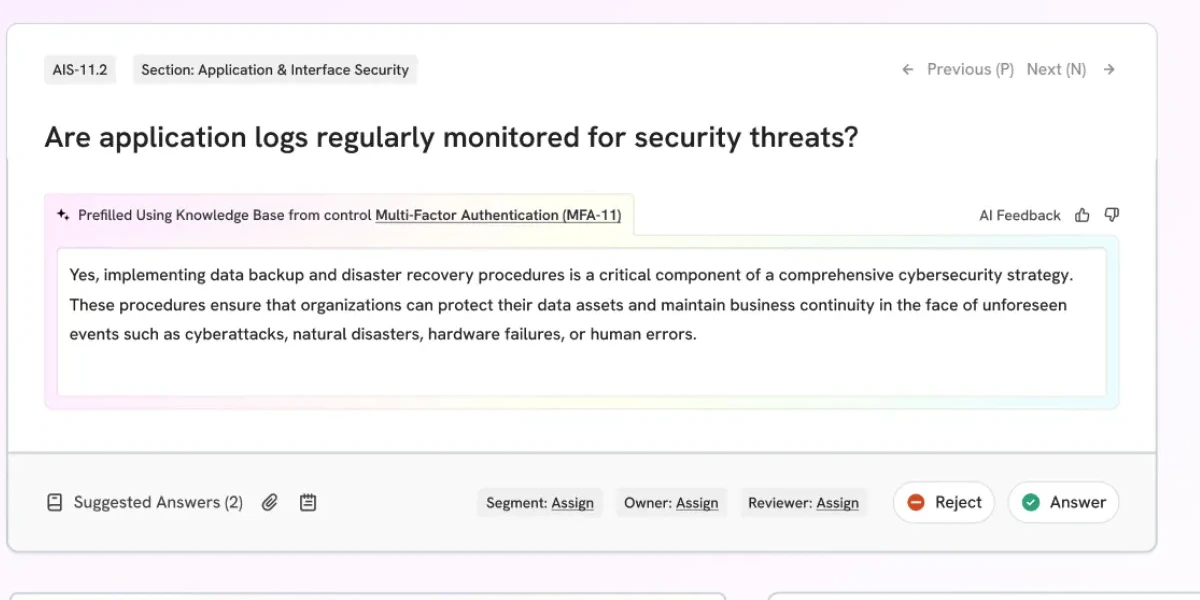 Cropped TrustShare public illustration showing an application-logging question paired with a backup-and-recovery answer and reviewer controls.