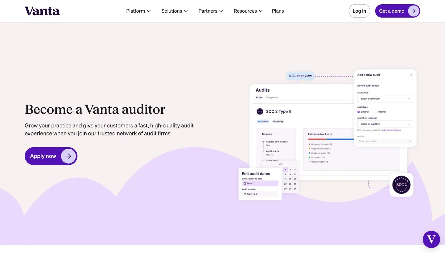 Vanta public auditor page showing an auditor view, audit scope, evidence tracker and editable audit dates.