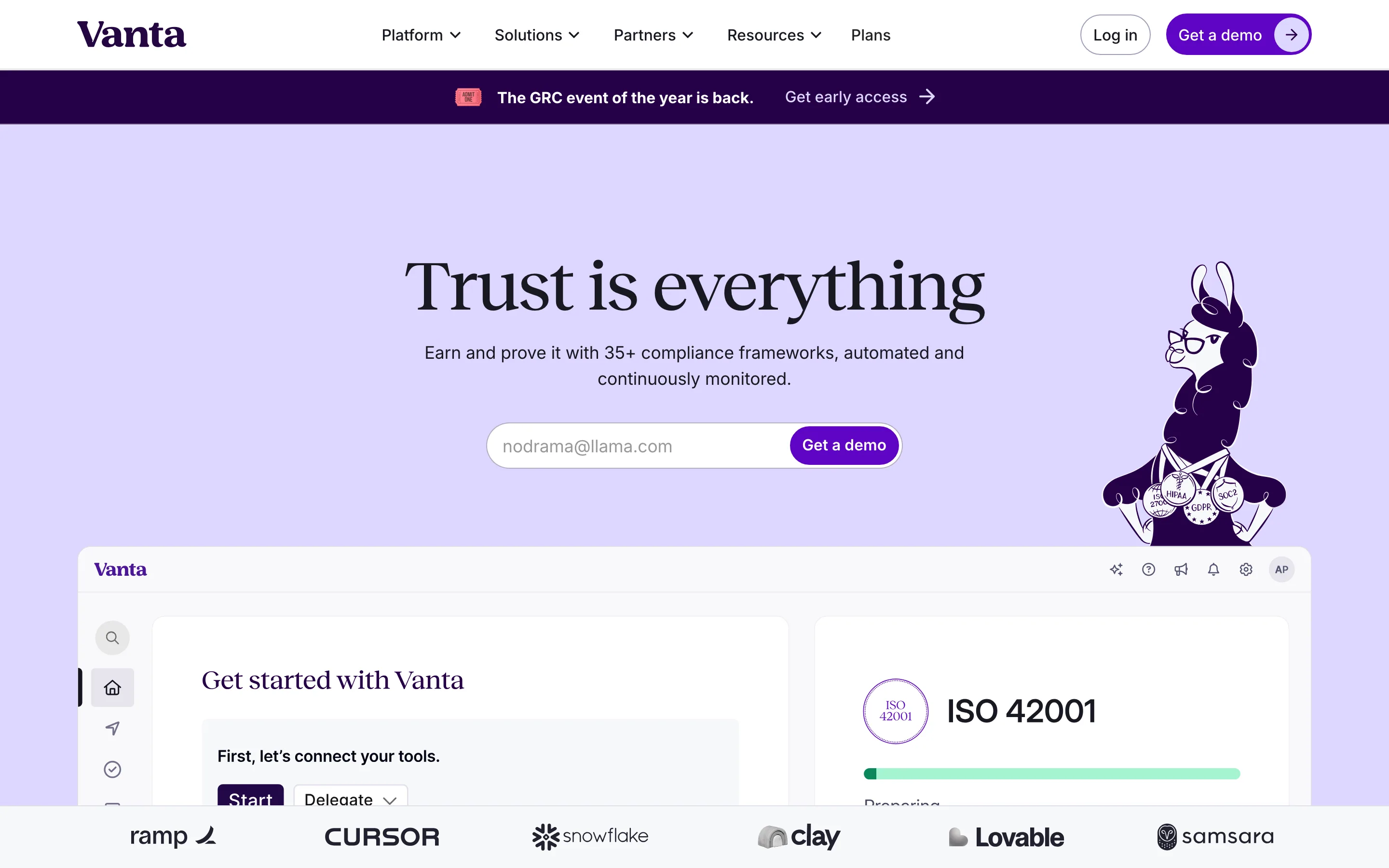 Vanta homepage showing the headline Trust is everything and a product preview of automated compliance frameworks.