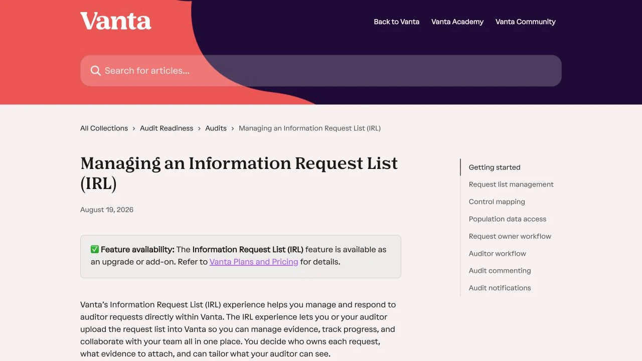 Vanta Information Request List guide showing its upgrade or add-on notice above the audit-request explanation