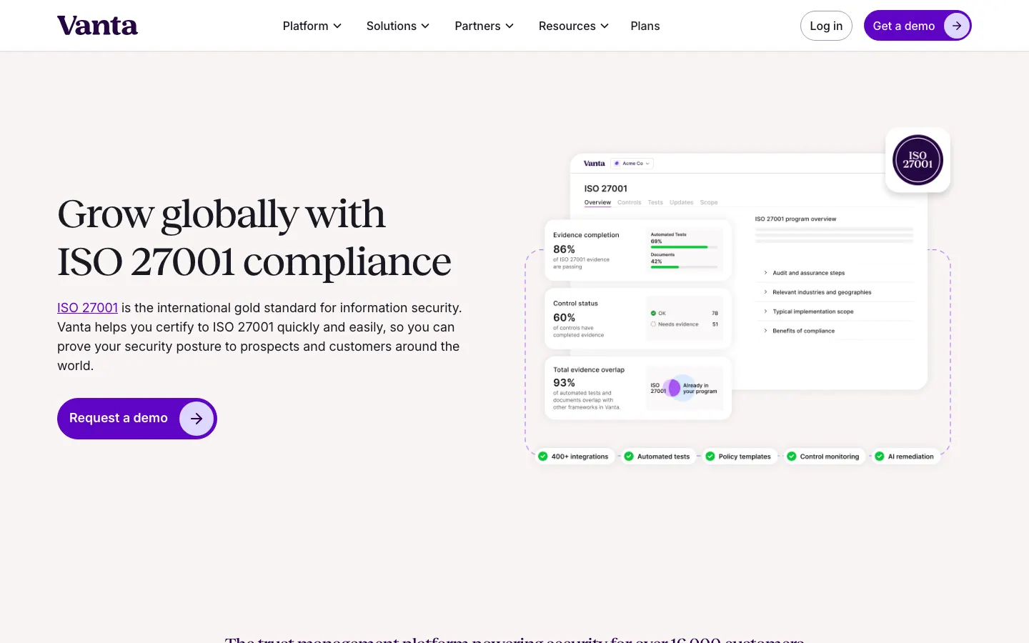 Vanta ISO 27001 product page describing live Statement of Applicability workflows.