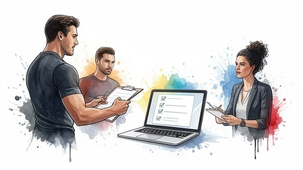 Three professionals review tasks on a laptop with checklists, surrounded by colorful watercolor splashes.