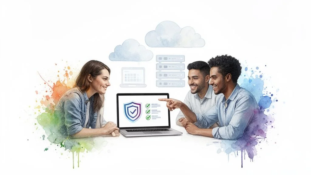 Three diverse people discuss cloud security and compliance on a laptop with server icons.