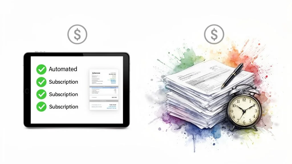 A digital tablet showcasing automated subscriptions contrasted with a pile of papers, a pen, and an alarm clock.