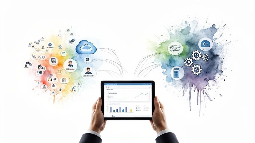 Hands holding a tablet displaying business analytics and HR/operations concepts with watercolor splashes.