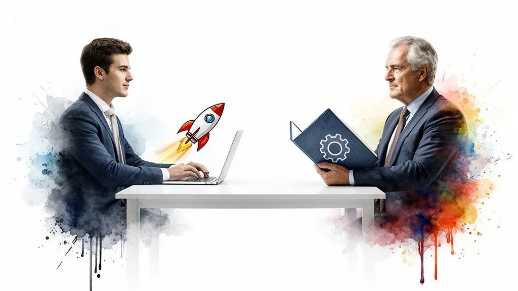 Two businessmen, one with a laptop and rocket, the other with a gear book, symbolizing innovation and experience.