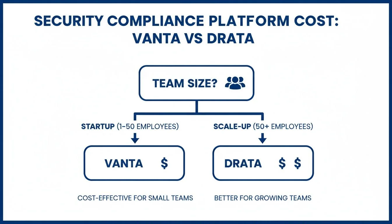 Infographic showing Vanta vs Drata security compliance platform cost comparison for different team sizes.