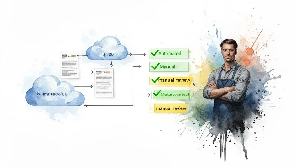 A workflow diagram showing documents from cloud storage, leading to automated and manual review steps, with a man in an apron.
