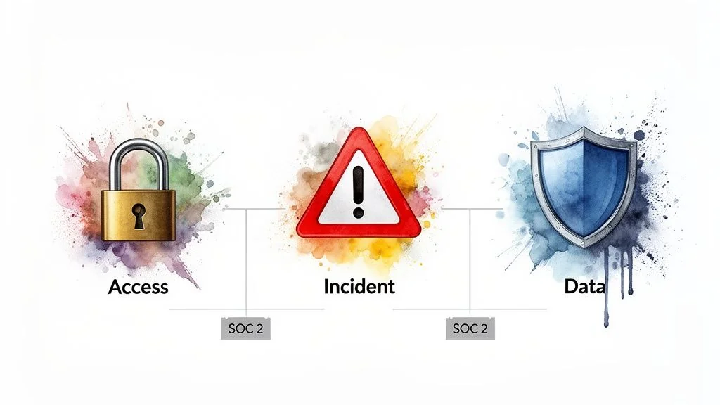 An infographic illustrating access, incident, and data security linked by SOC 2 compliance.